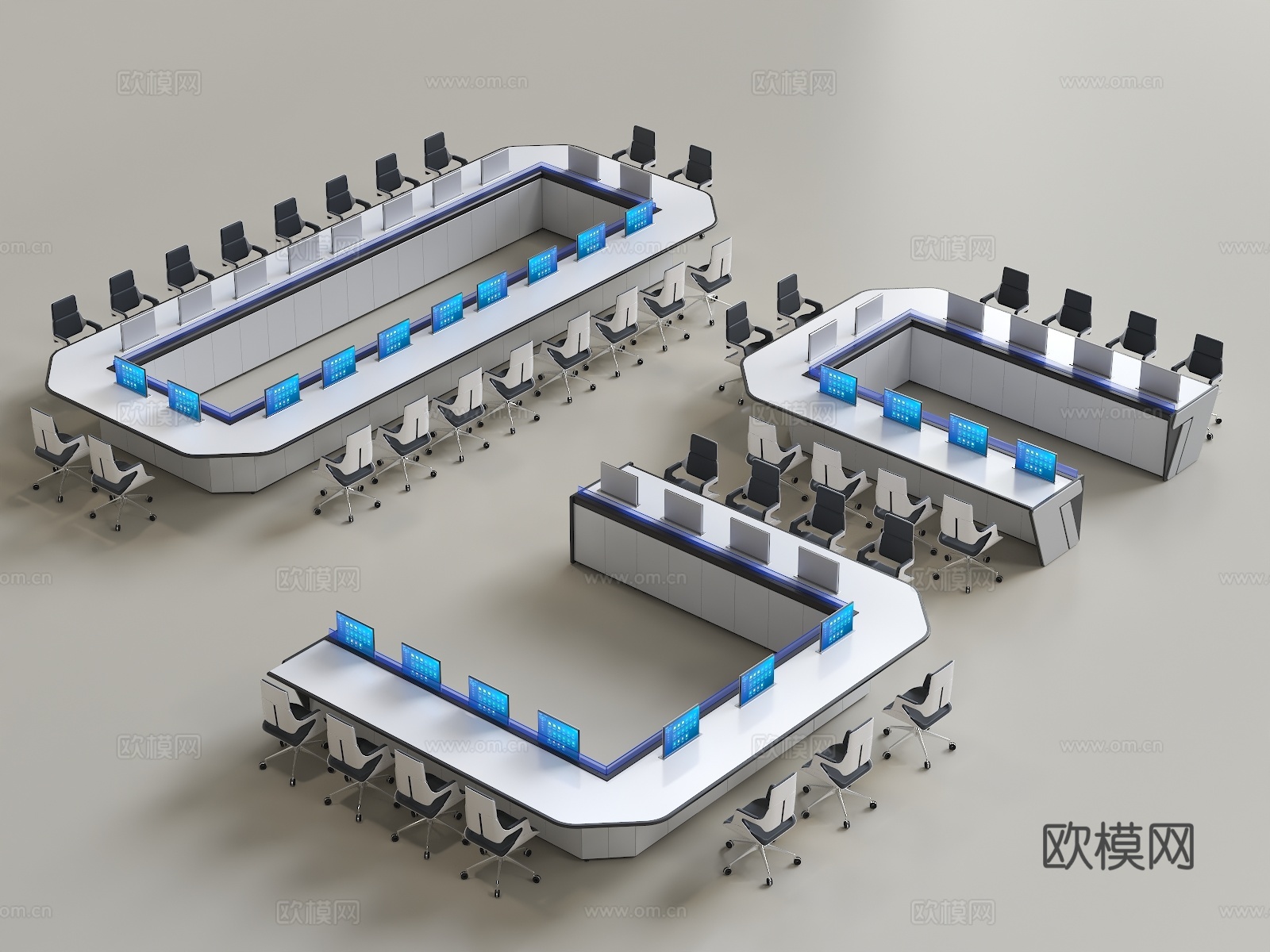现代U型办公桌 指挥席 观摩席 指挥控制台 控制台 办公桌3d模型下载
