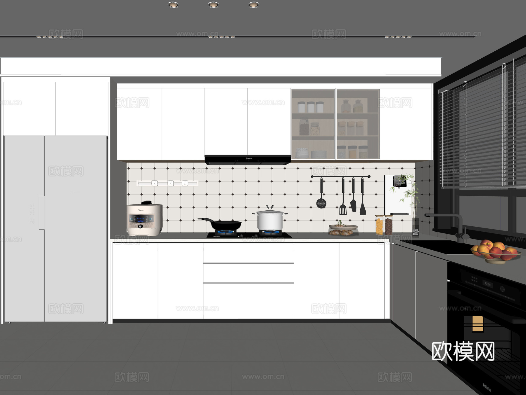 现代厨房封闭厨房橱柜厨具su模型