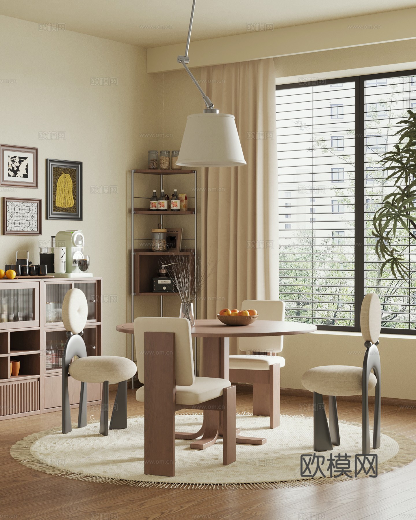 中古风餐厅 餐桌椅 餐边柜3d模型下载