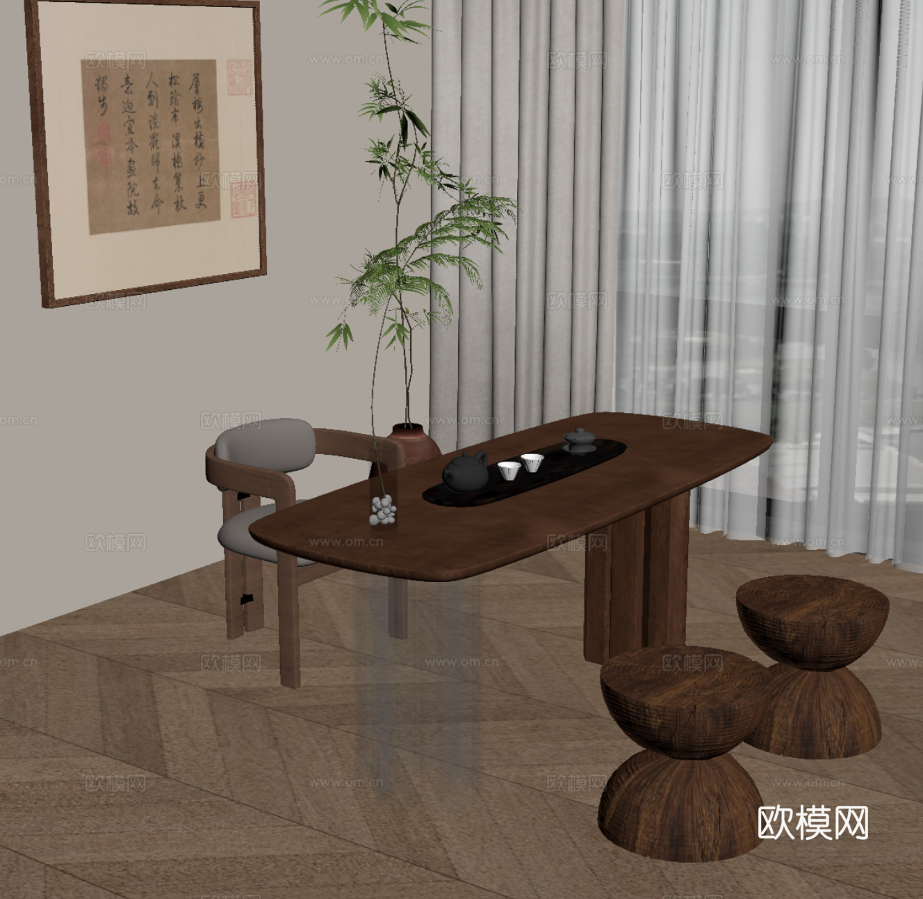 中古风茶桌椅 小茶台su模型
