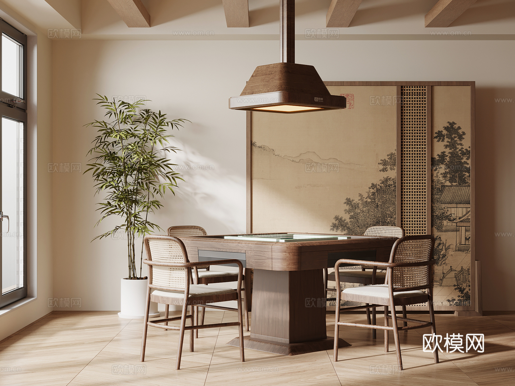 新中式棋牌室 麻将桌 娱乐室su模型