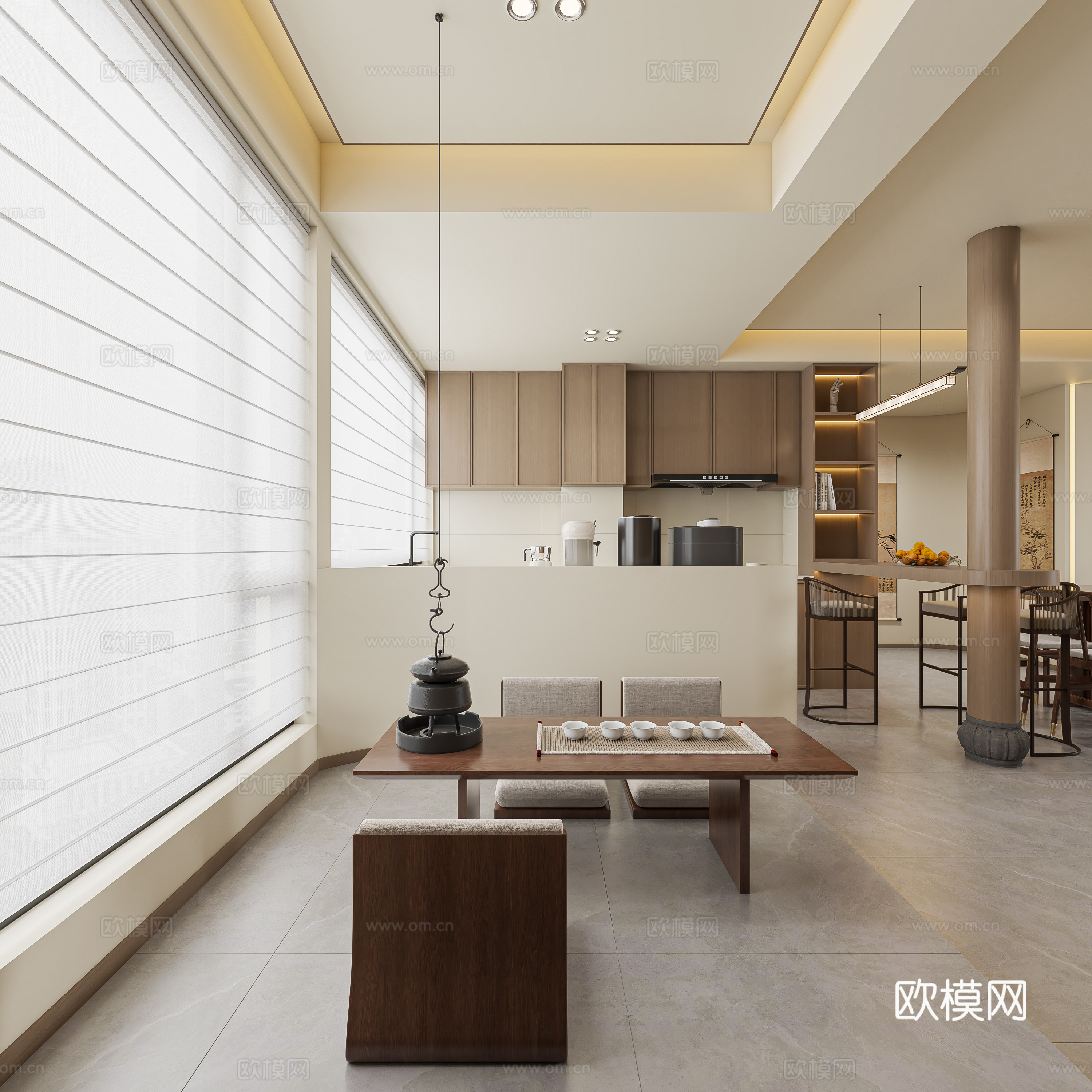 宋代美学客餐厅开放式厨房3d模型下载（渲染图4）