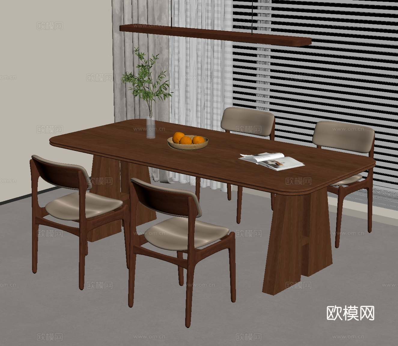 中古复古餐桌椅 长餐桌 实木餐桌椅su模型