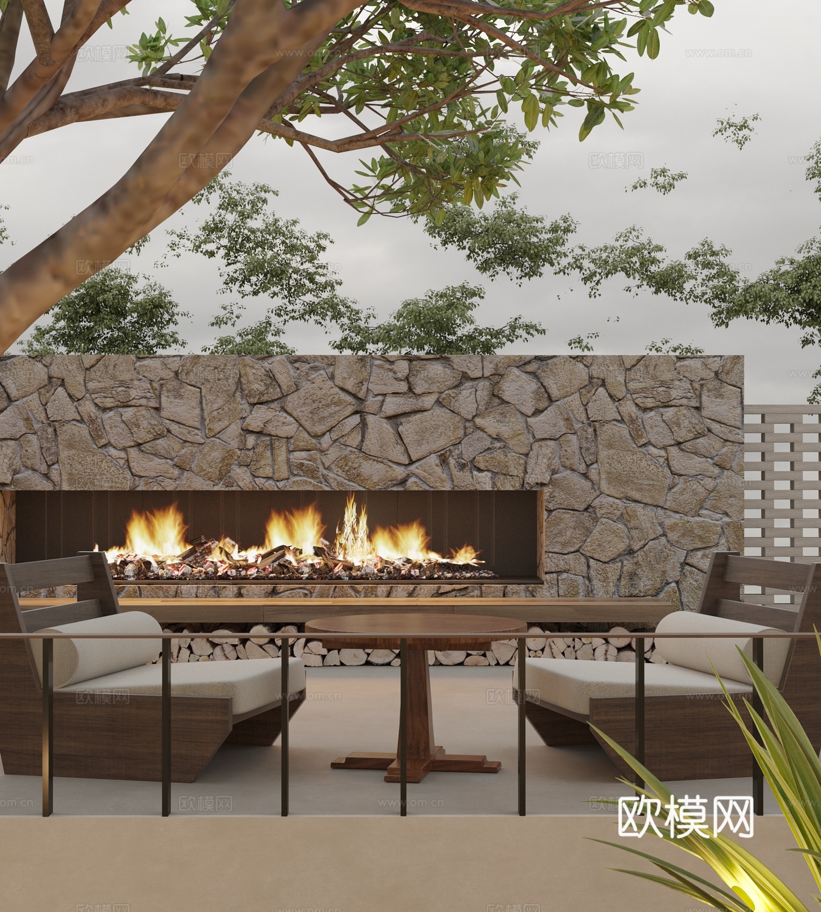 现代庭院花园 休闲餐桌椅 柚木餐桌椅 石材壁炉组合3d模型下载