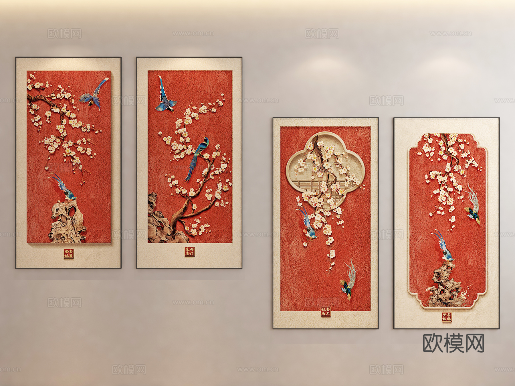 竖版组合画 中式组合画 玄关组合画su模型