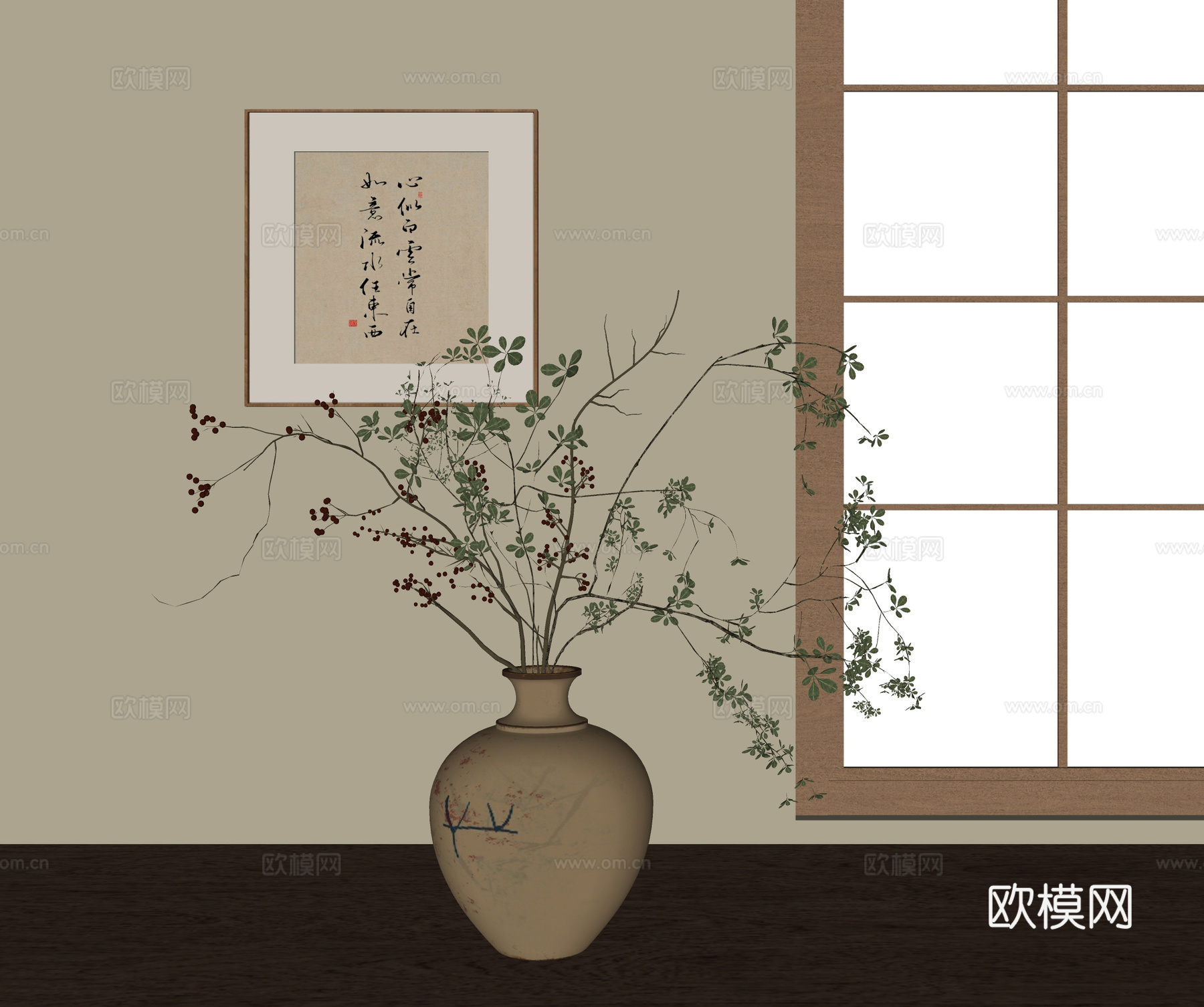 新中式花瓶花艺 挂画 插花花艺su模型