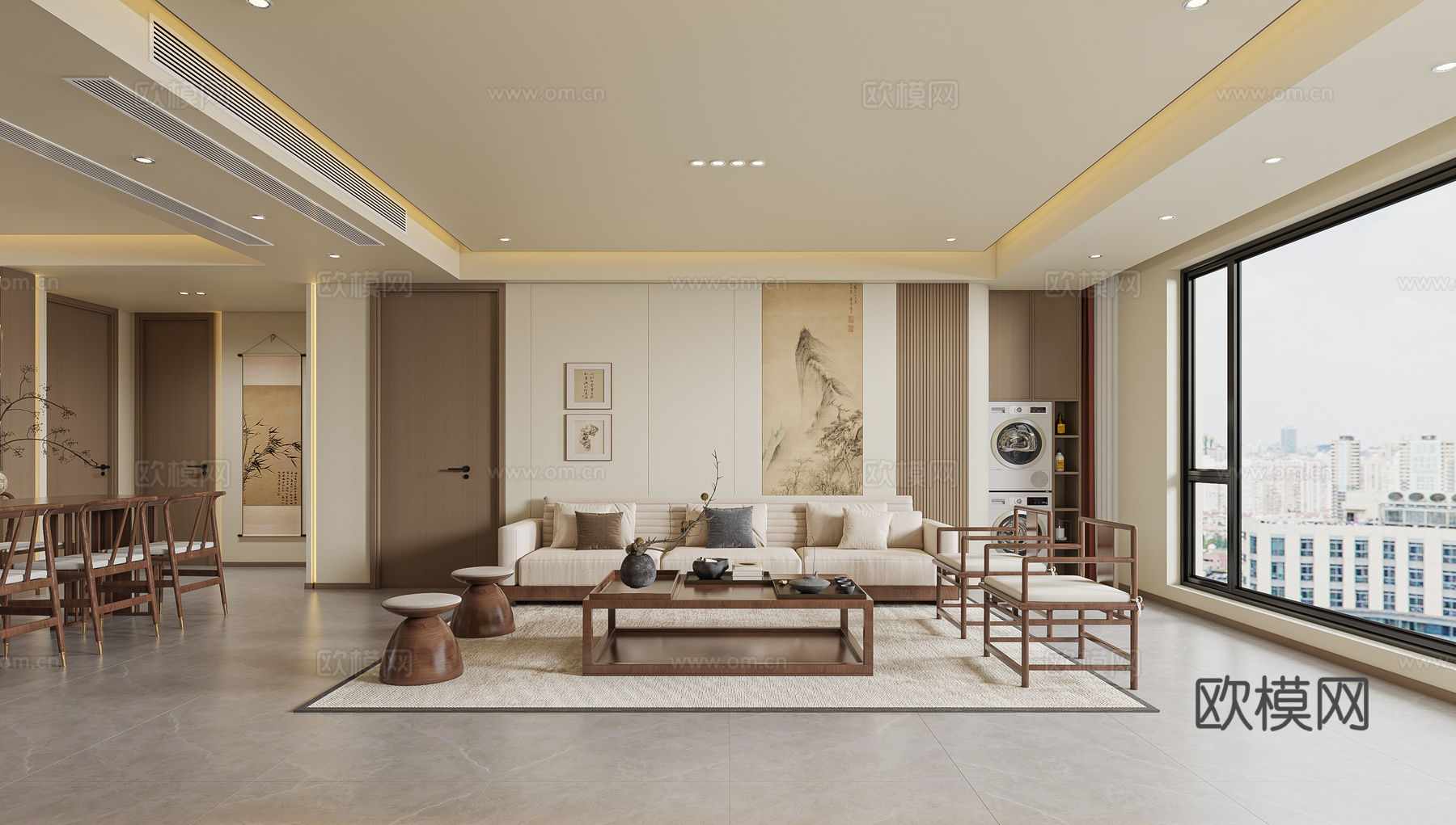 宋代美学客餐厅开放式厨房3d模型下载（渲染图2）