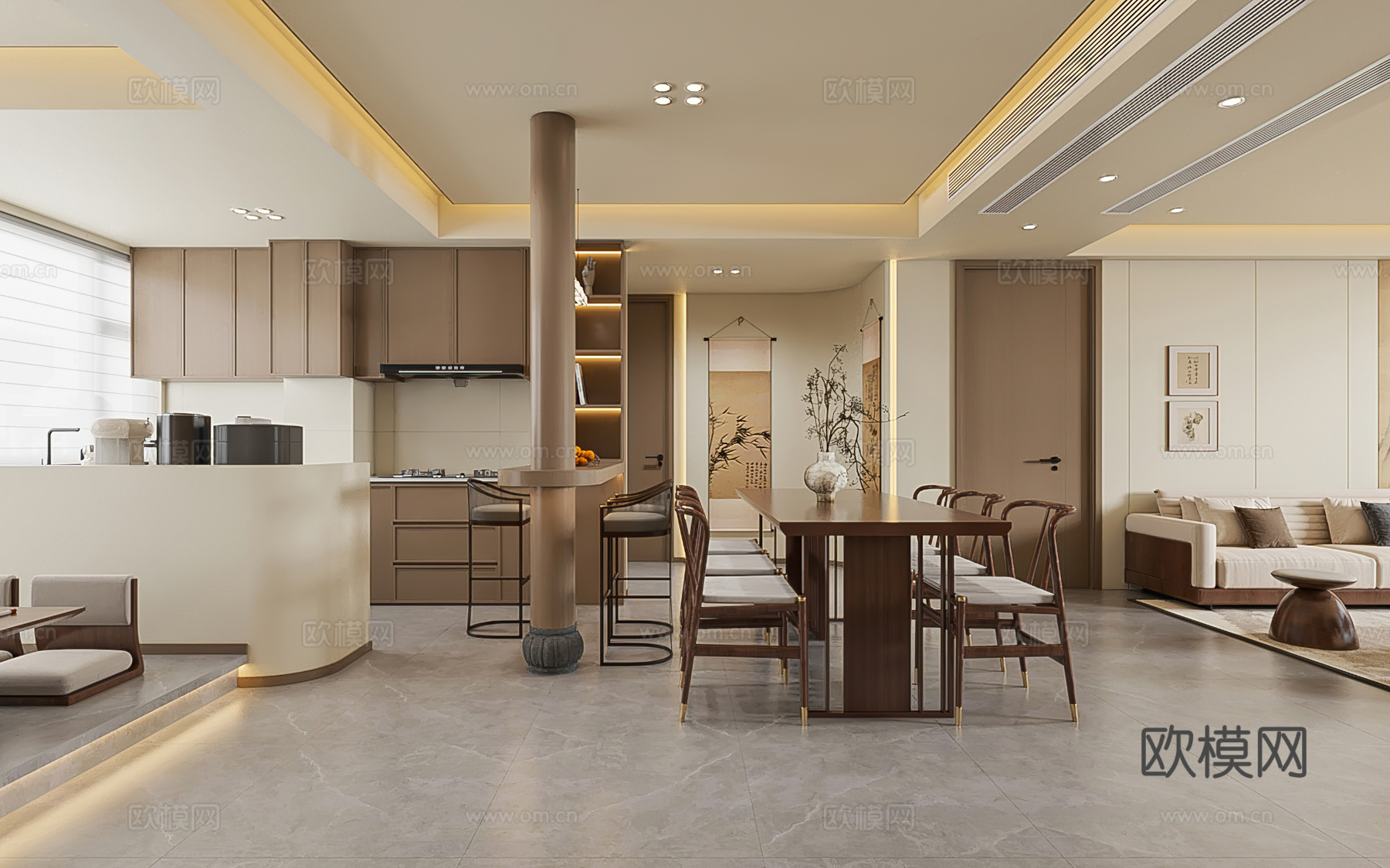 宋式餐厅 新中式餐厅 开放式厨房 吧台 中古风餐厅 西厨3d模型下载