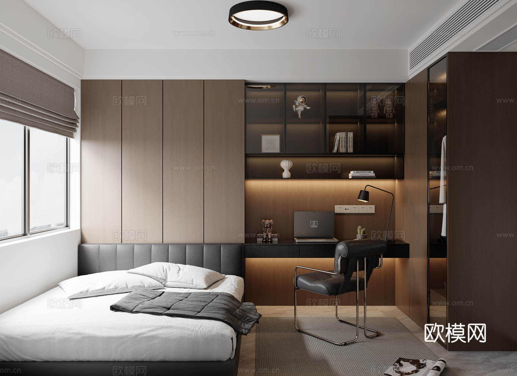 意式黑白灰榻榻米卧室书房3d模型下载