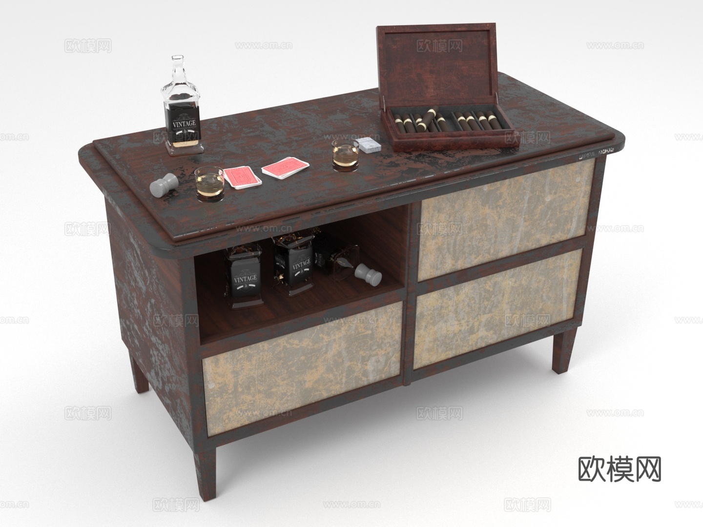吧台桌 酒柜桌 实木桌 储物桌 复古桌3d模型下载（渲染图1）