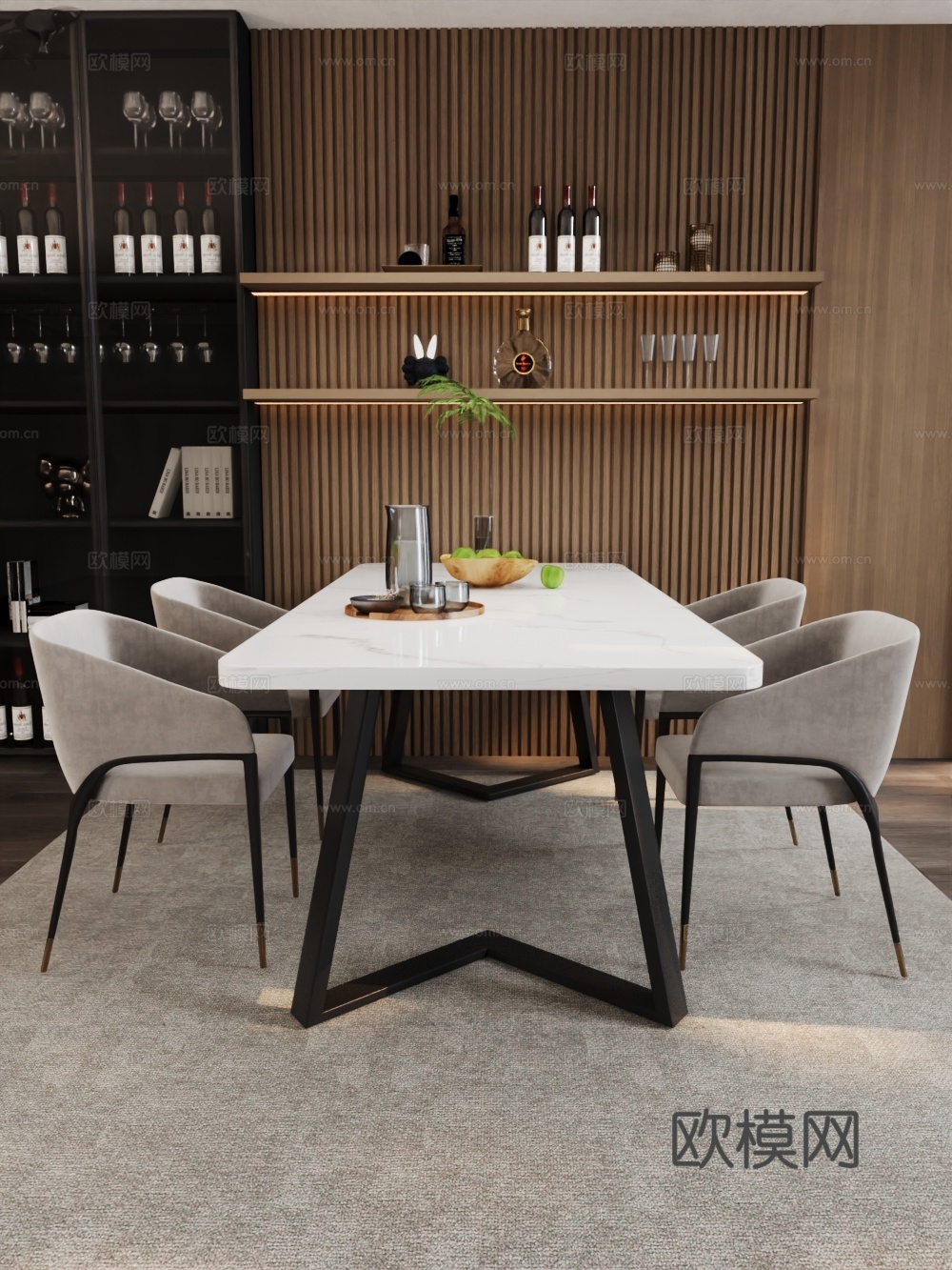 现代岩板长餐桌3d模型下载