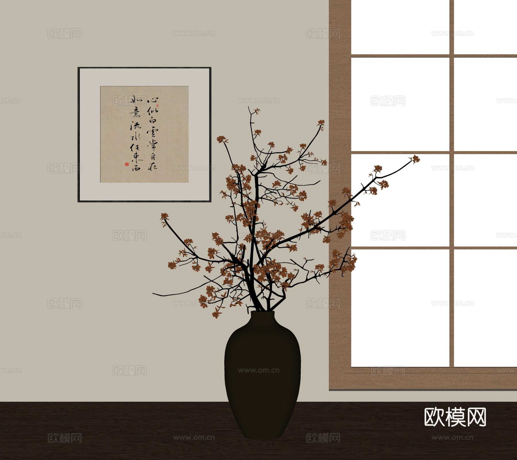 新中式花瓶花艺 插花花艺 挂画 陶罐花艺su模型
