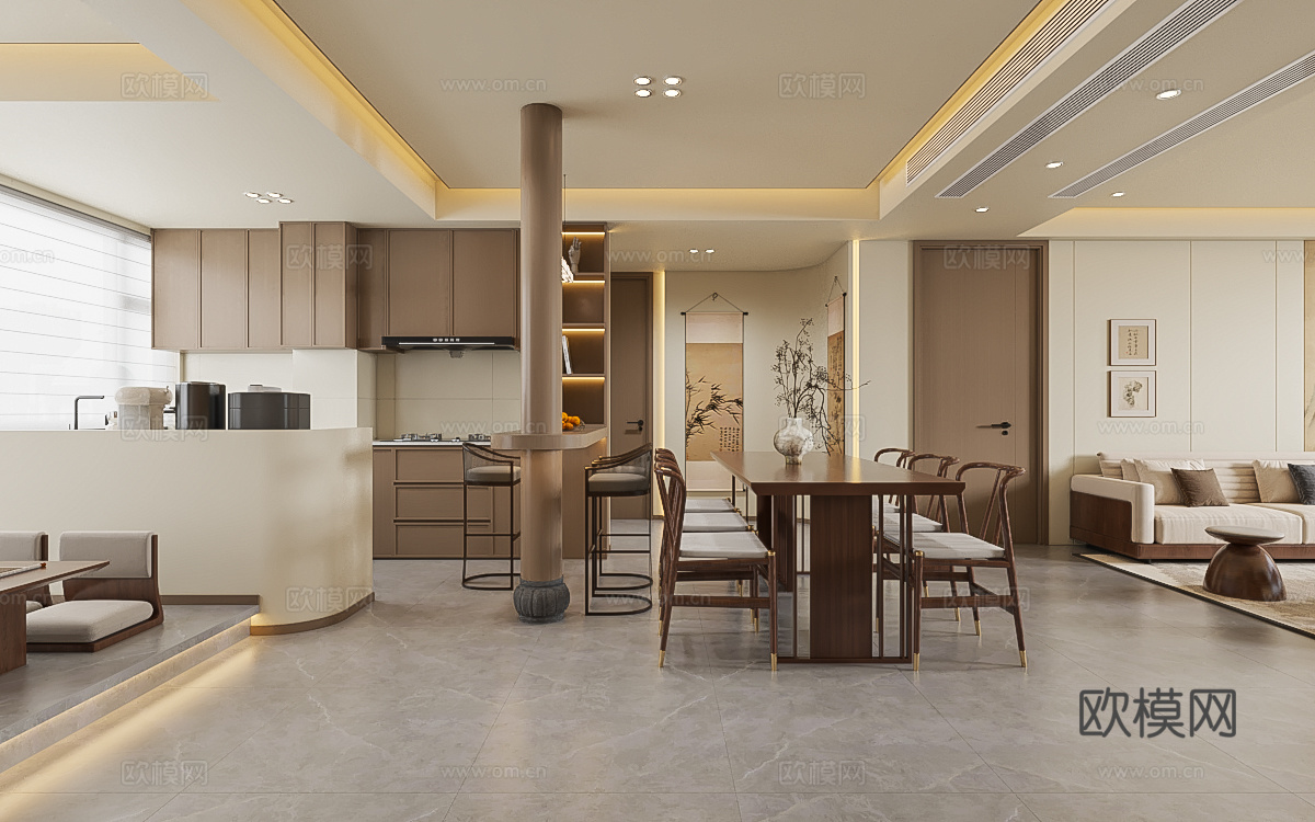 宋代美学客餐厅开放式厨房3d模型下载（渲染图1）
