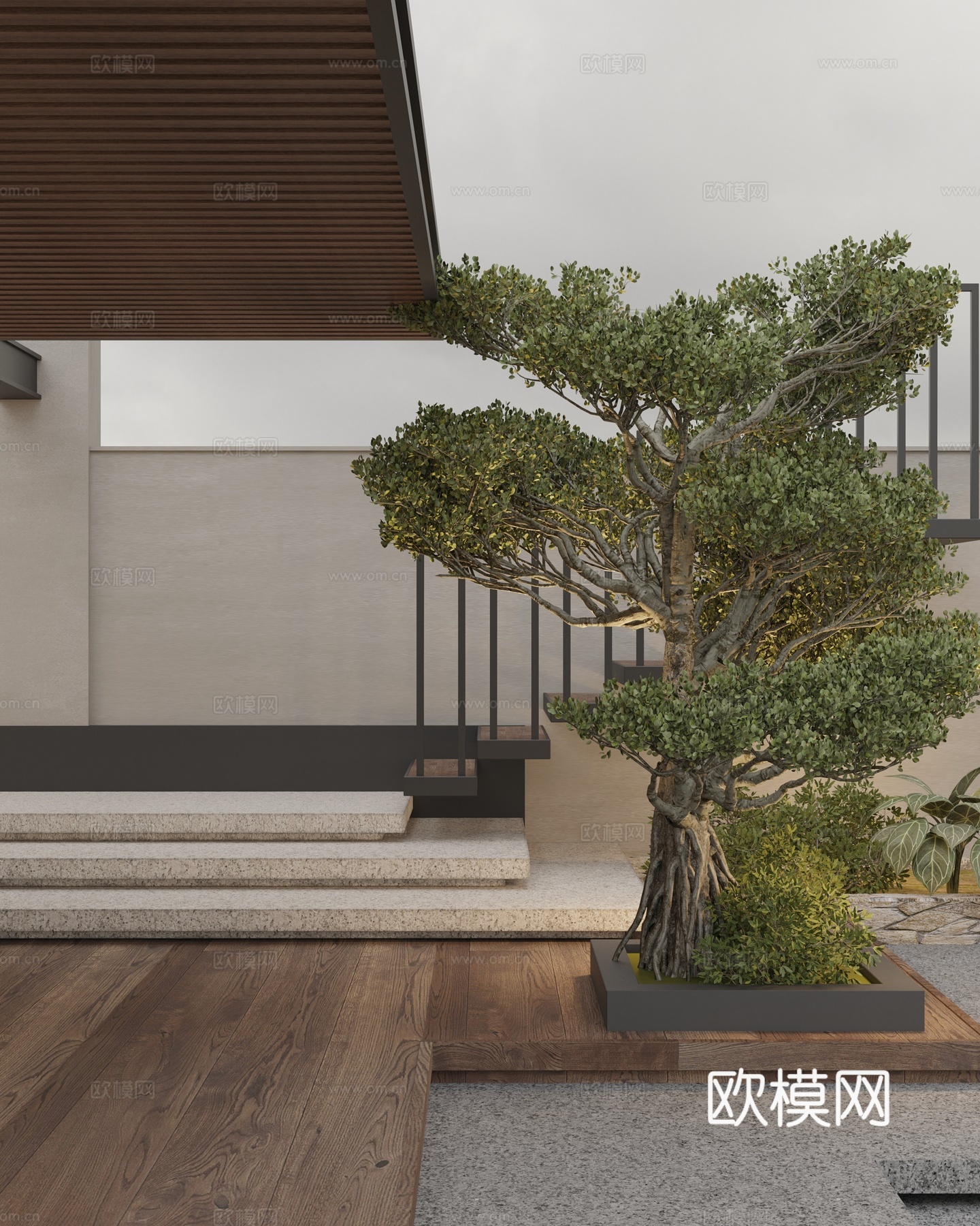 现代别墅庭院景观 楼梯踏步 造型松 石材汀步台阶组合3d模型下载