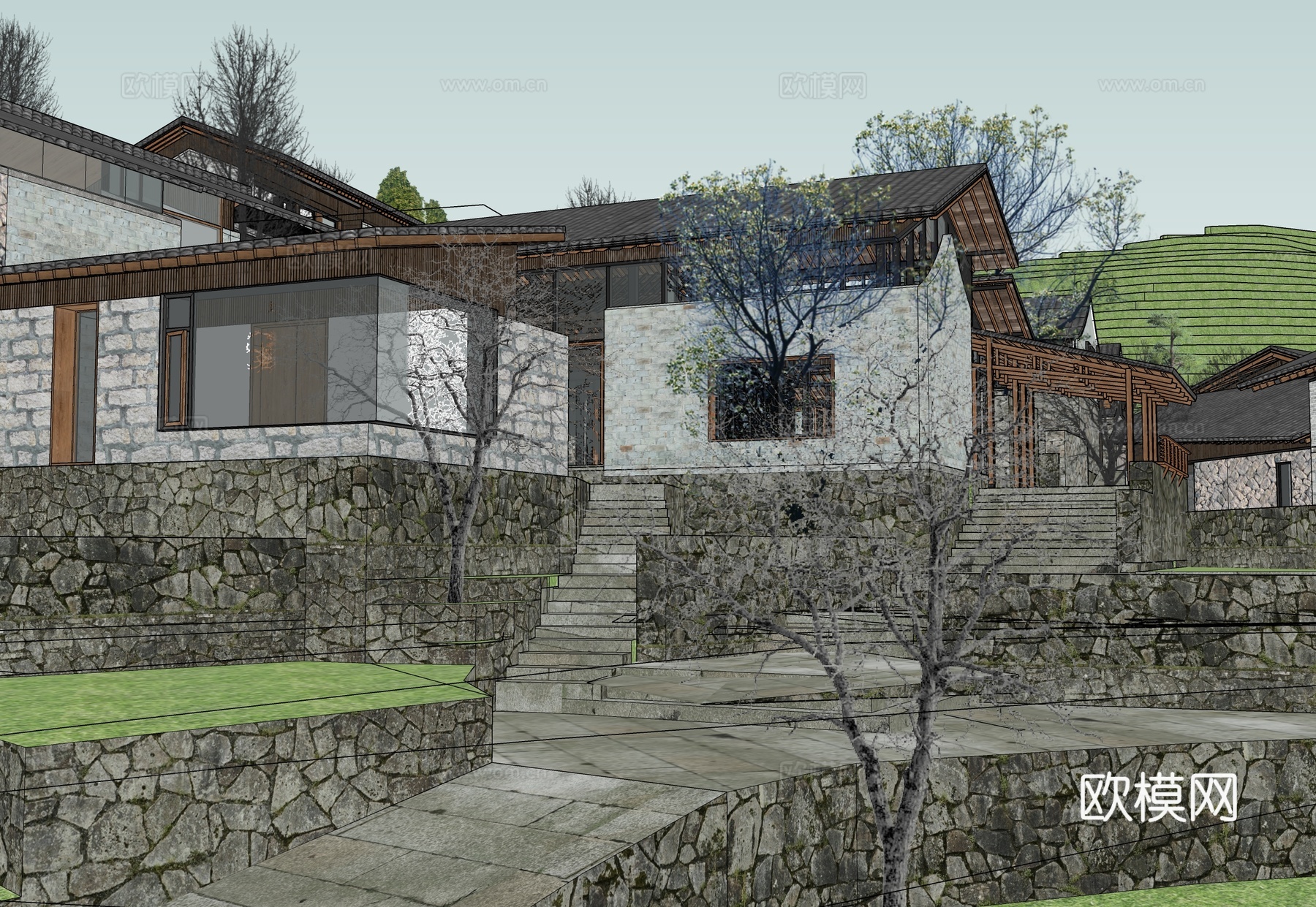现代民宿建筑 斜顶 双层su模型