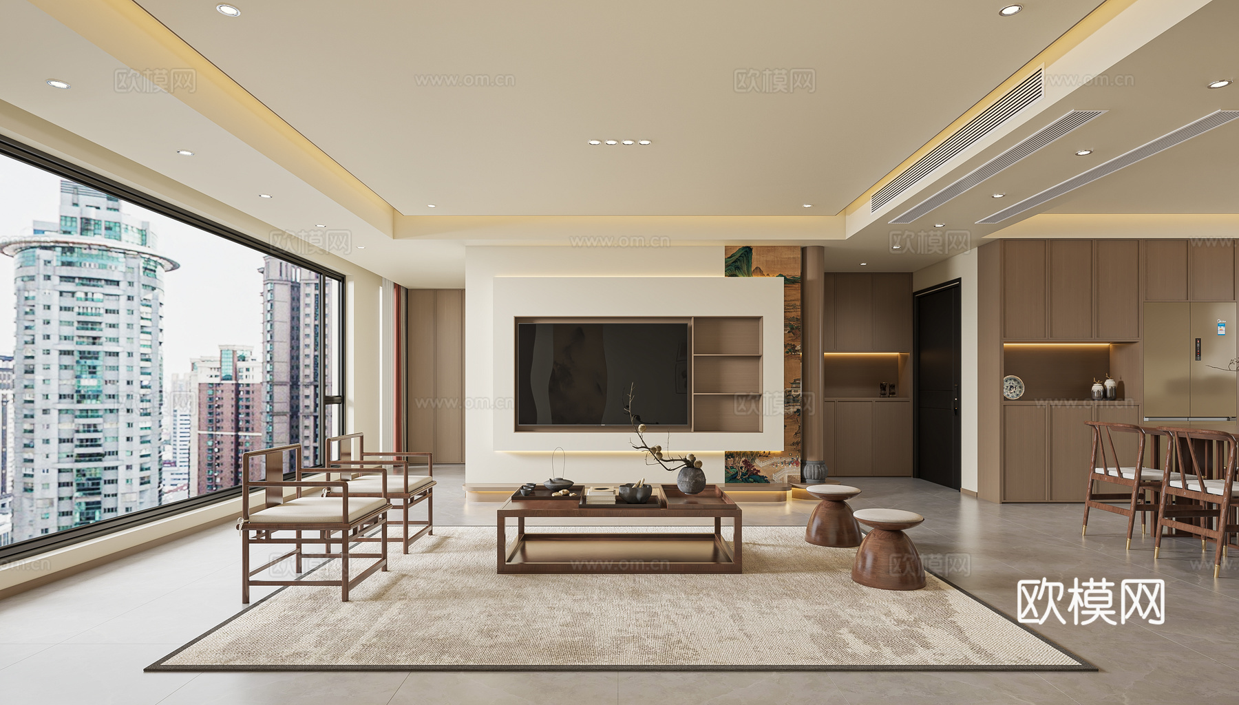 宋代美学客餐厅开放式厨房3d模型下载（渲染图3）