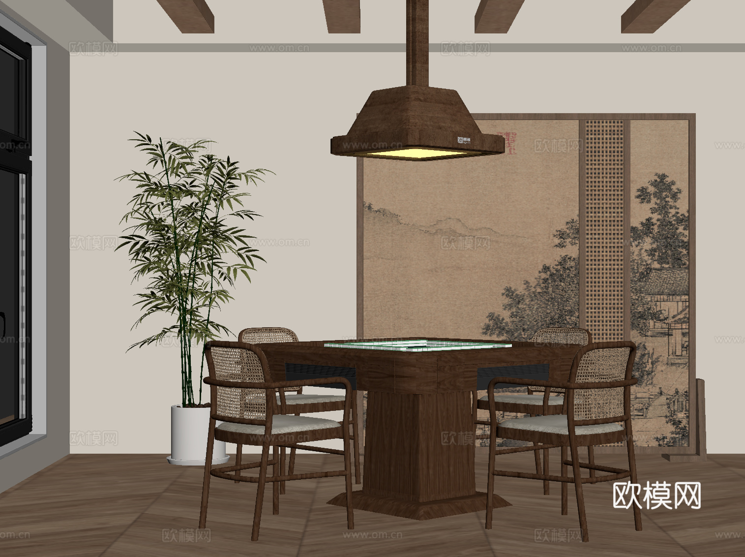 新中式棋牌室 麻将桌 娱乐室su模型