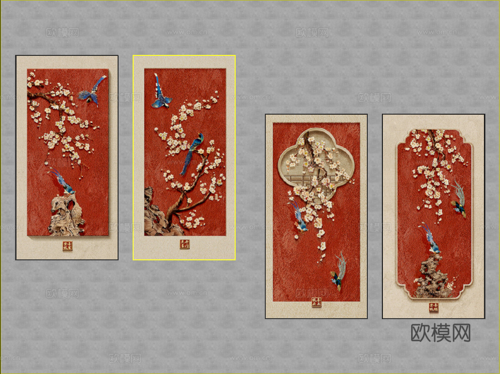 竖版组合画 中式组合画 玄关组合画su模型
