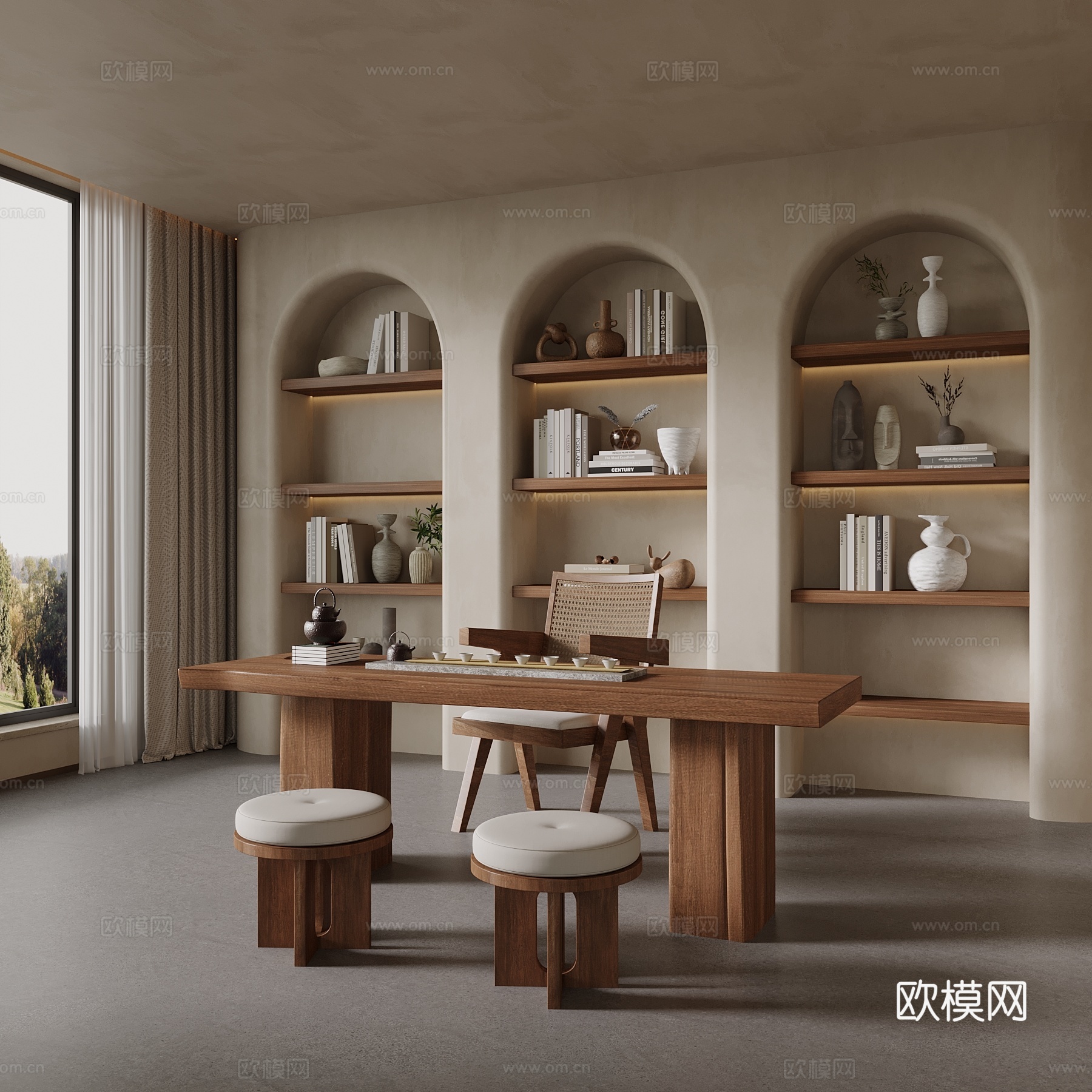 侘寂风茶室 茶叶柜 茶桌椅 茶台su模型