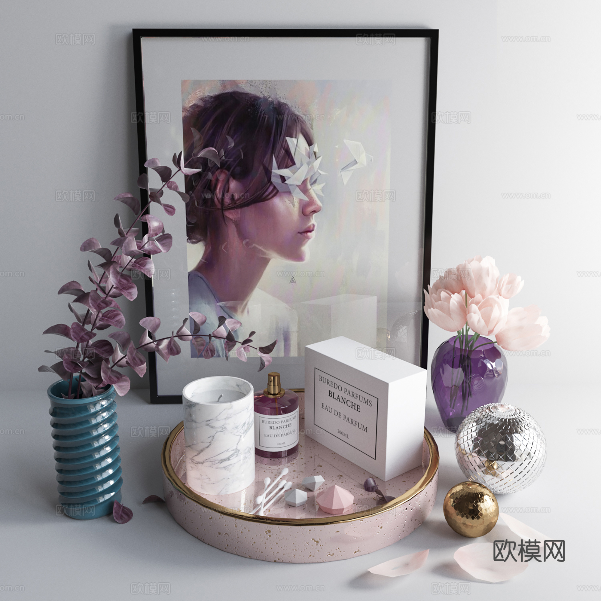 现代摆件组合 花瓶插花 化妆品挂画su模型