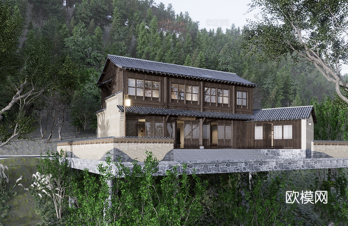 中式民宿建筑 木制 斜顶su模型