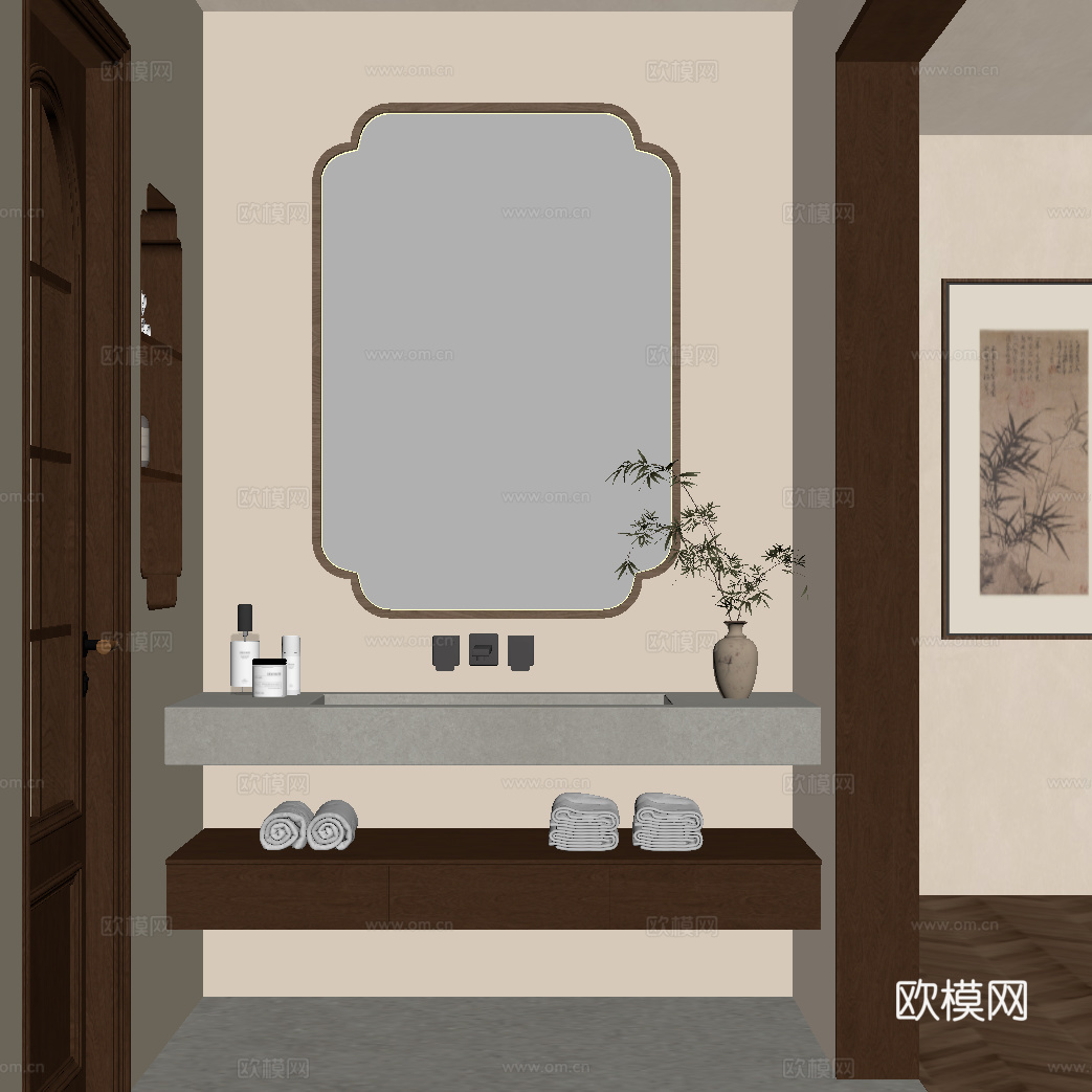 新中式卫生间 卫生间干区 浴室柜su模型