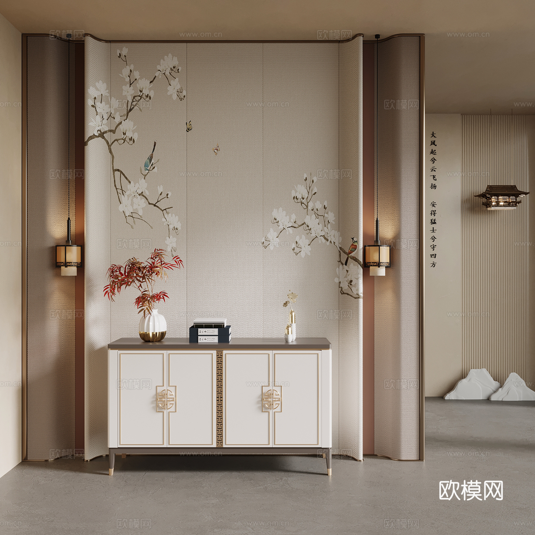 新中式玄关隔断 玄关柜su模型