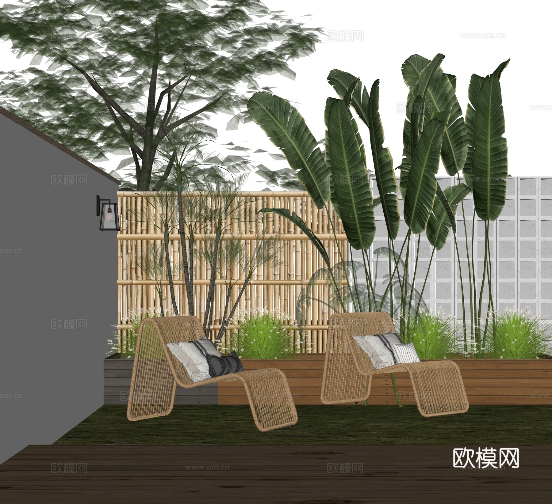现代庭院花园 休闲椅 竹编躺椅 单人椅 竹篱笆围栏 围墙 混su模型