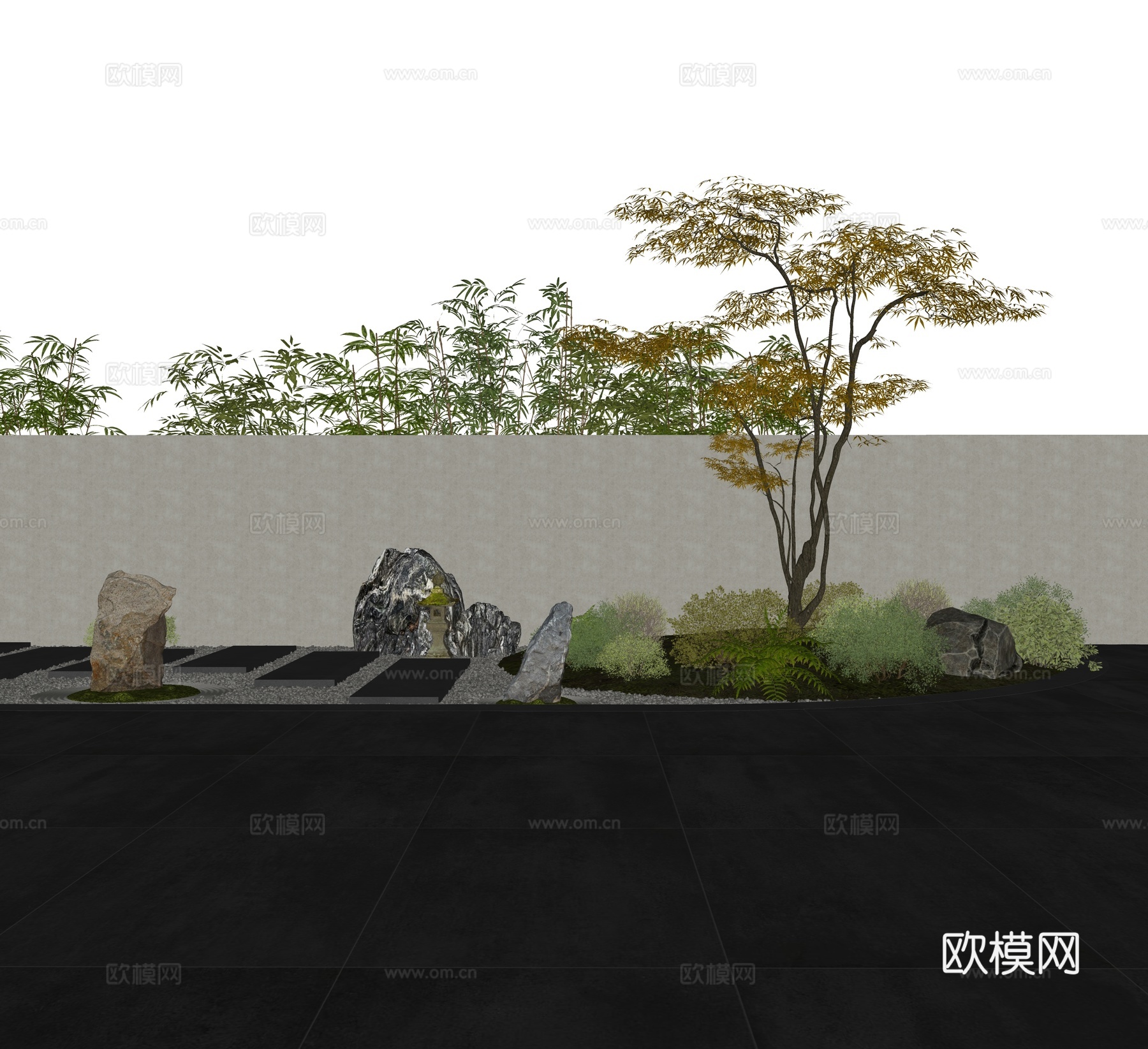 现代新中式 禅意景观 山石景观 砾石汀步 灌木绿植su模型