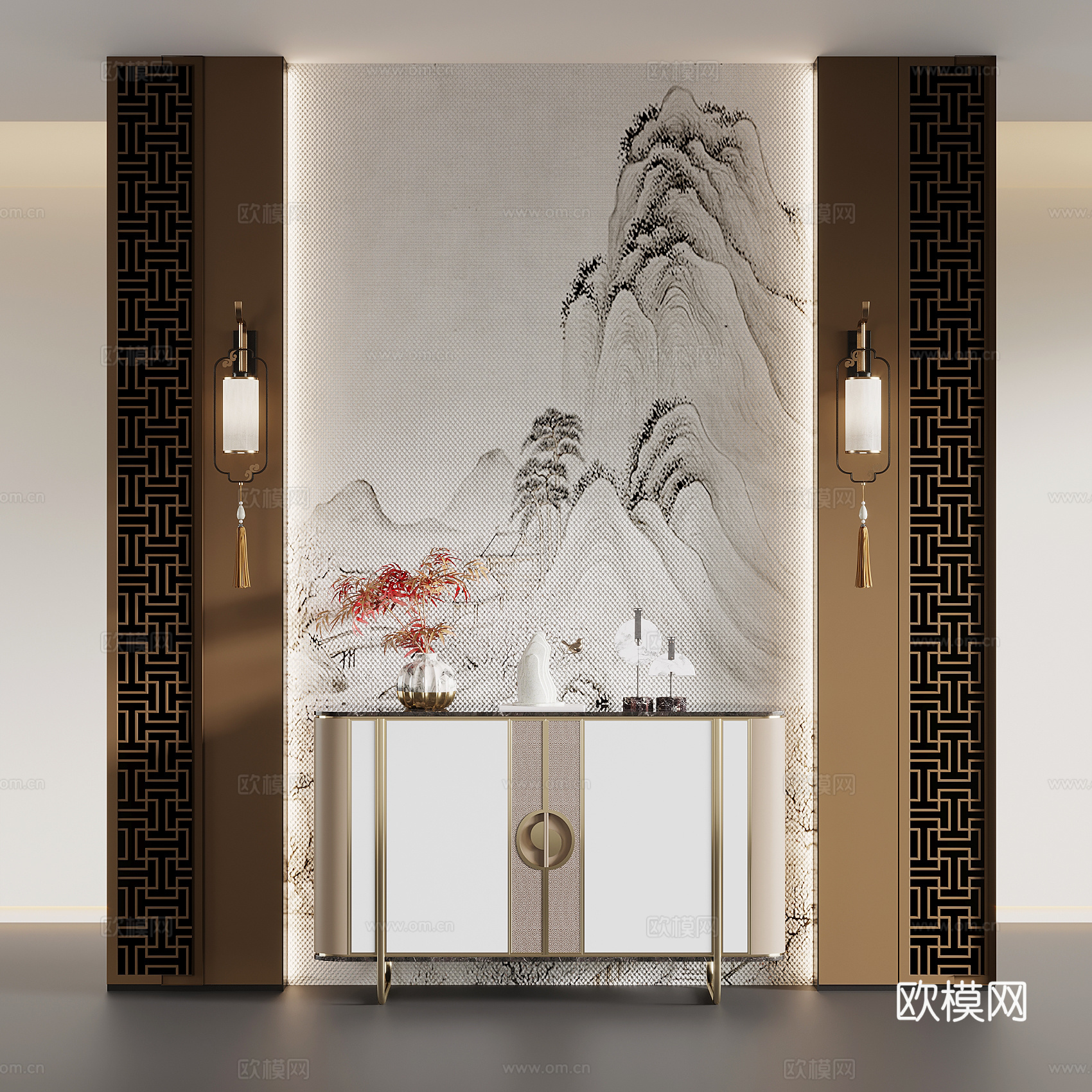 新中式玄关隔断 端景柜su模型