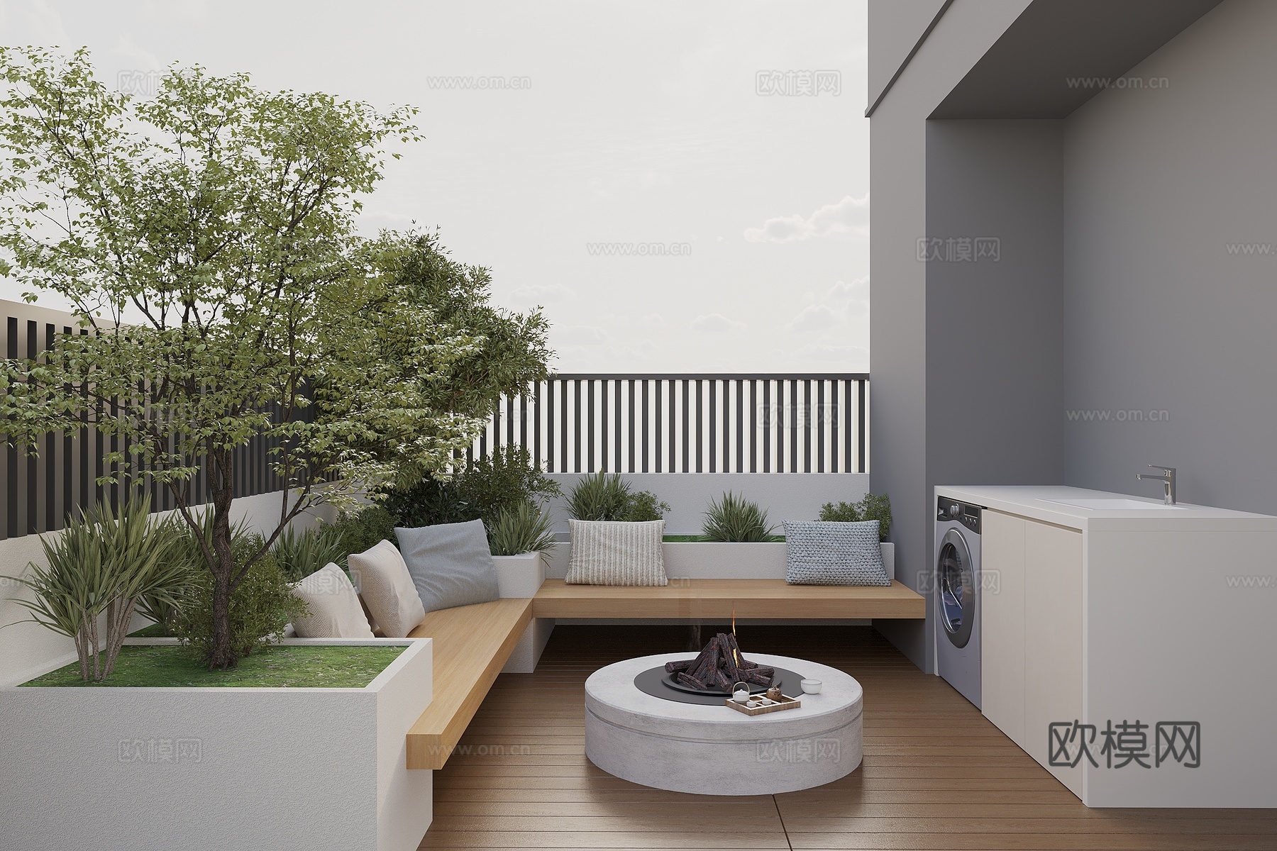 现代庭院花园 柚木木头卡座 转角卡座 圆形火炉茶几 户外洗衣3d模型下载