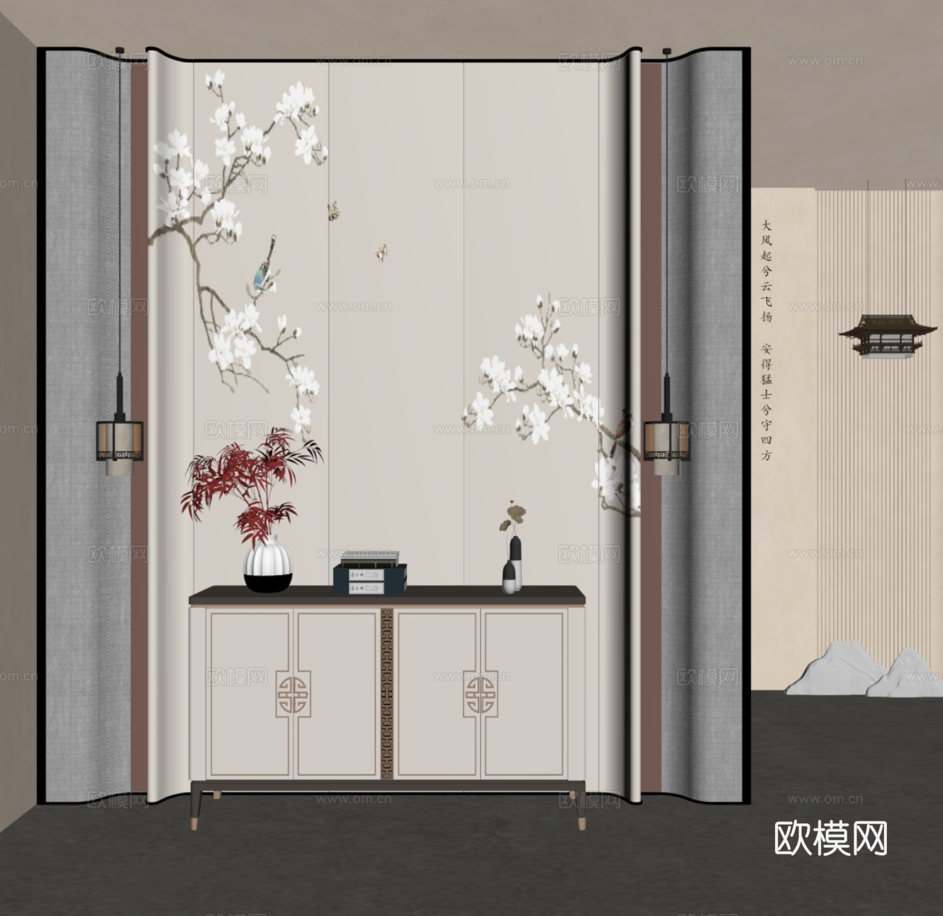 新中式玄关隔断 玄关柜su模型