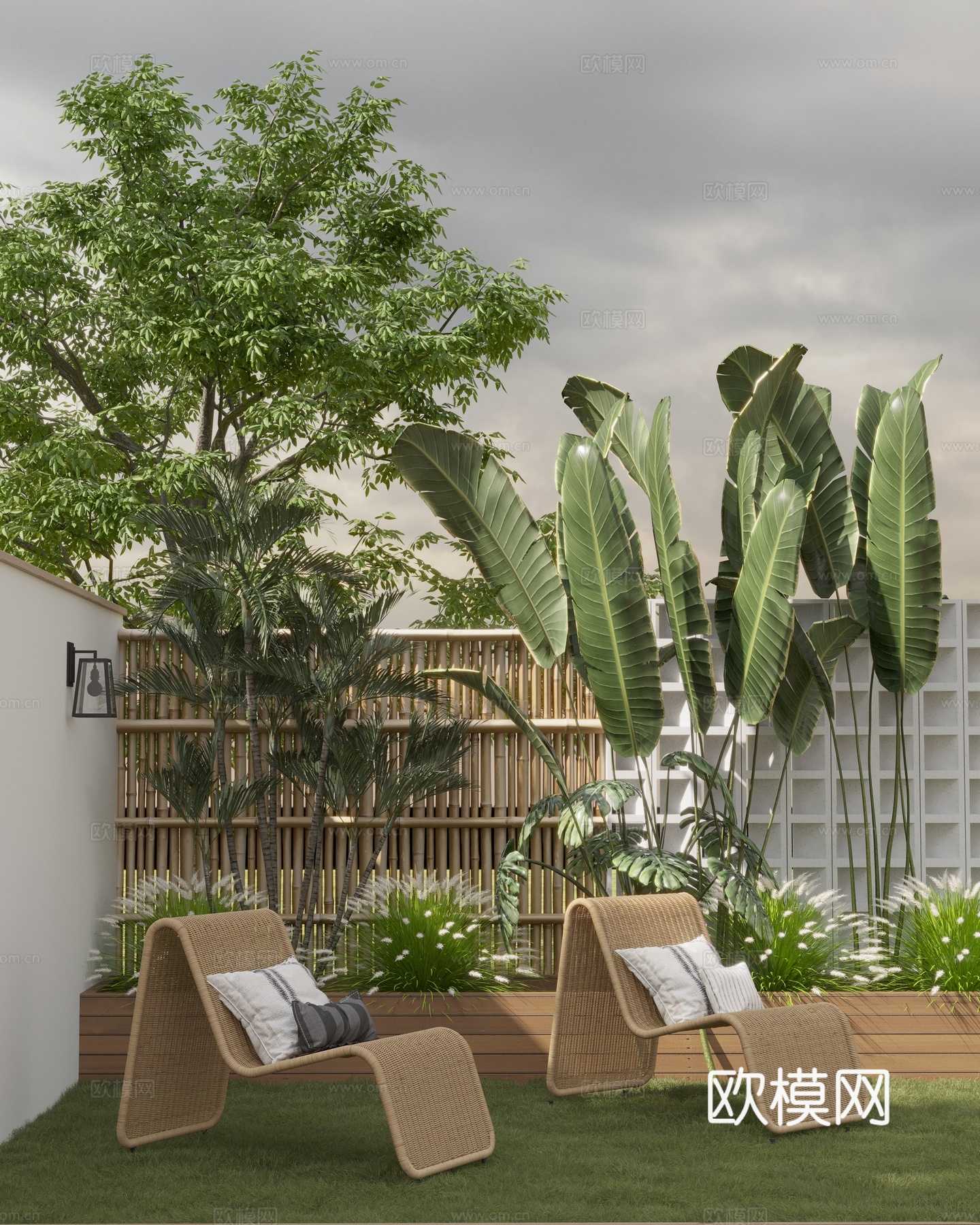现代庭院花园 休闲椅 竹编躺椅 单人椅 竹篱笆围栏 围墙 混su模型