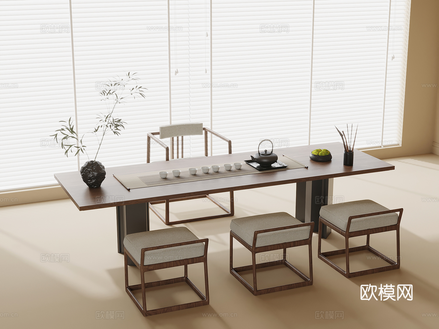 新中式茶桌椅 茶台 茶具3d模型下载