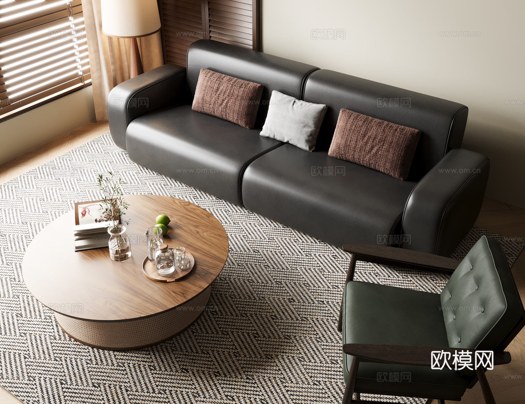 中古风沙发茶几组合 落地灯 休闲椅 地毯 百叶帘 摆件su模型