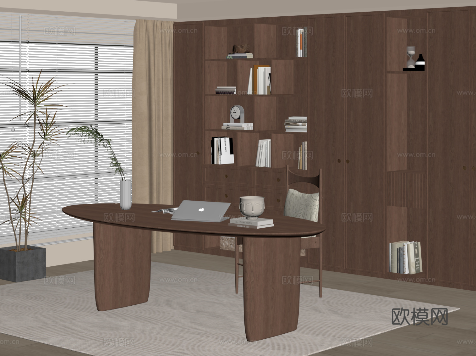 中古风书房 书柜 书桌椅su模型