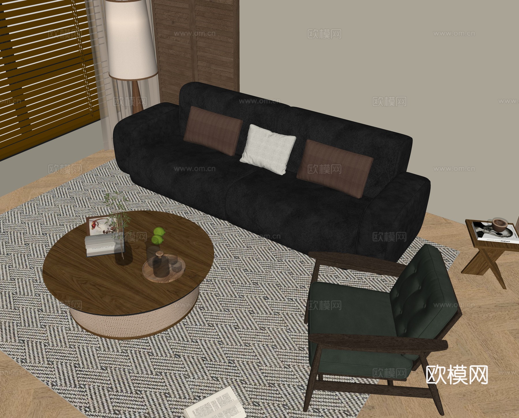 中古风沙发茶几组合 落地灯 休闲椅 地毯 百叶帘 摆件su模型