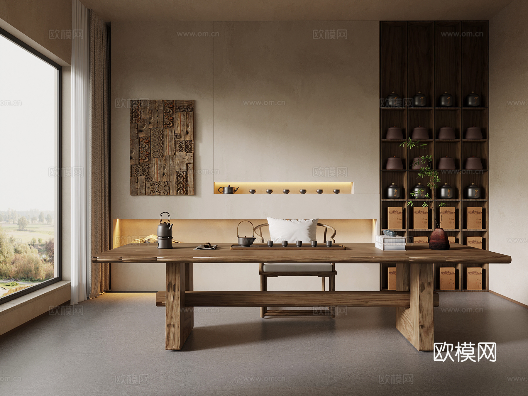 侘寂风茶室 茶桌椅 茶柜su模型