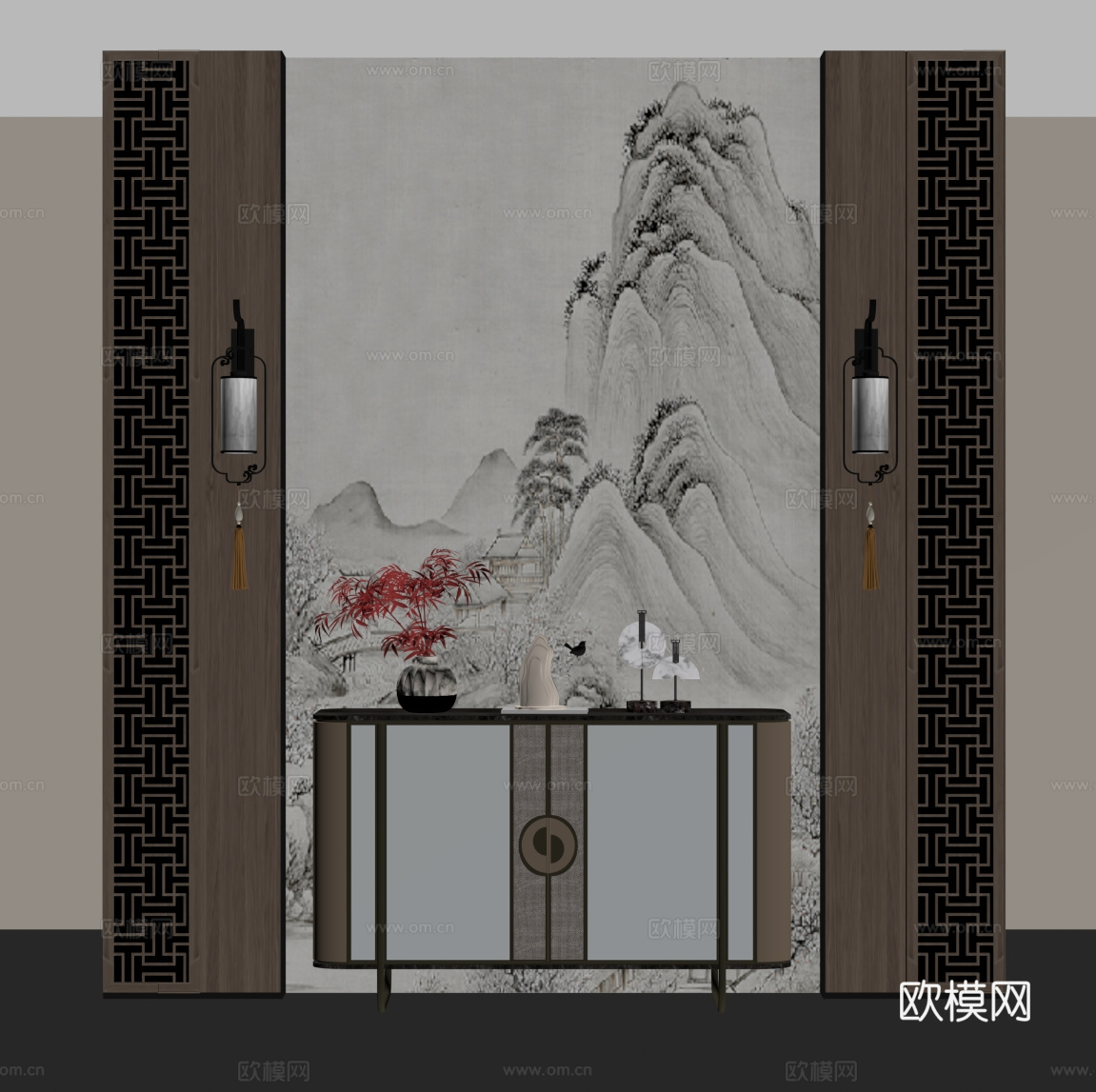 新中式玄关隔断 端景柜su模型