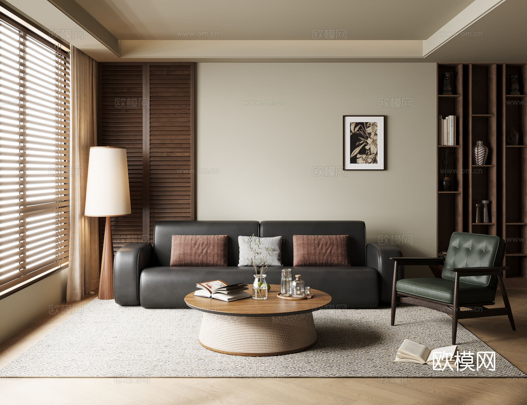 中古风客厅 沙发茶几组合 落地灯 装饰画 休闲椅 地毯 百叶su模型