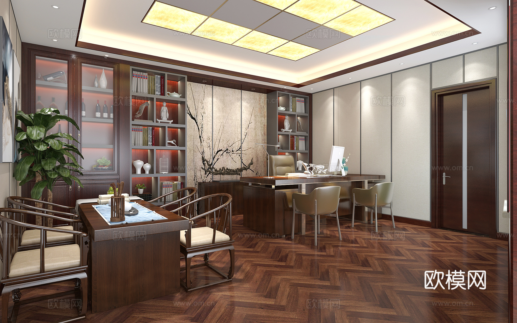新中式办公室3d模型下载（渲染图2）