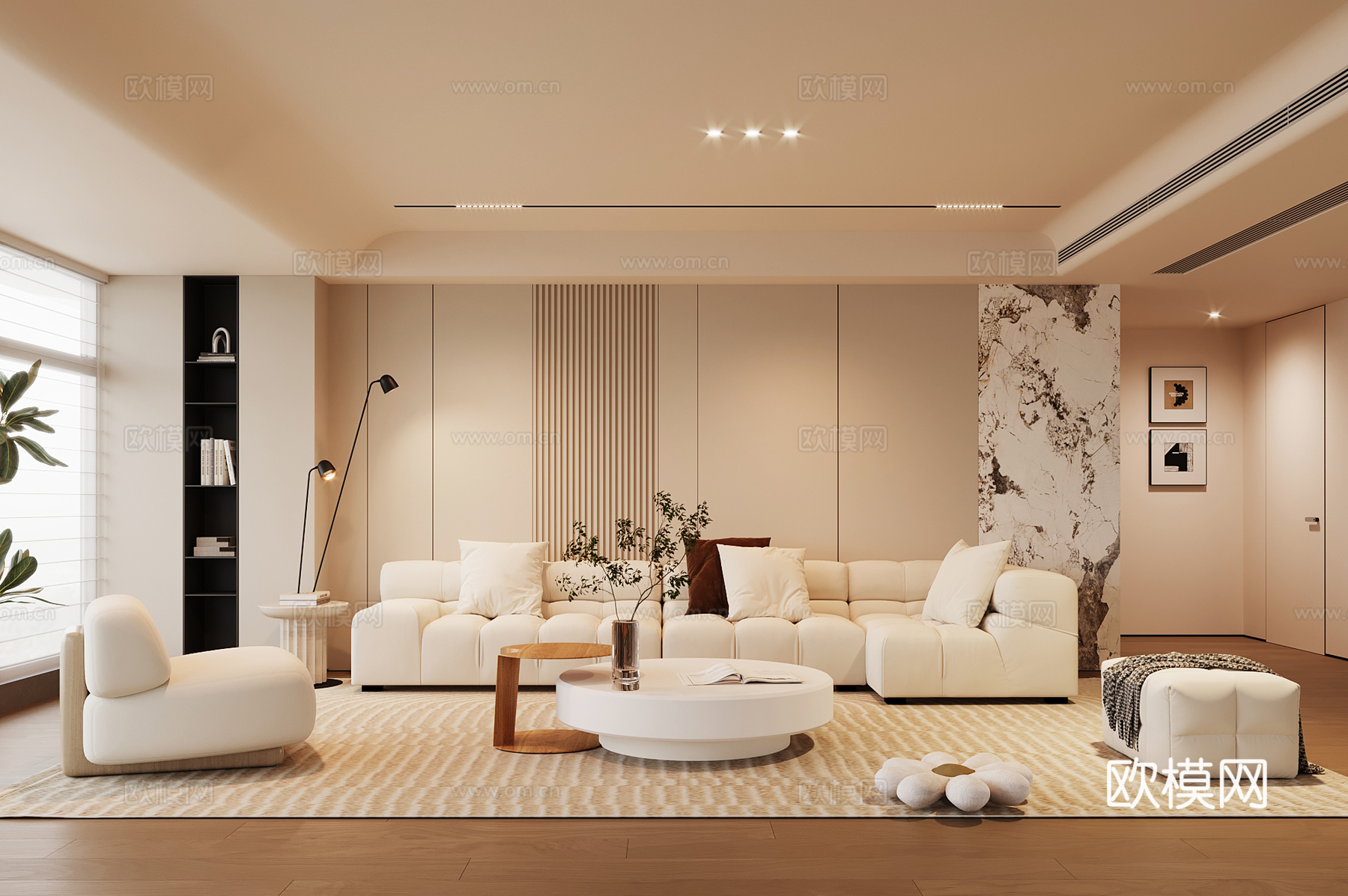 现代奶油风客厅 沙发茶几组合3d模型下载