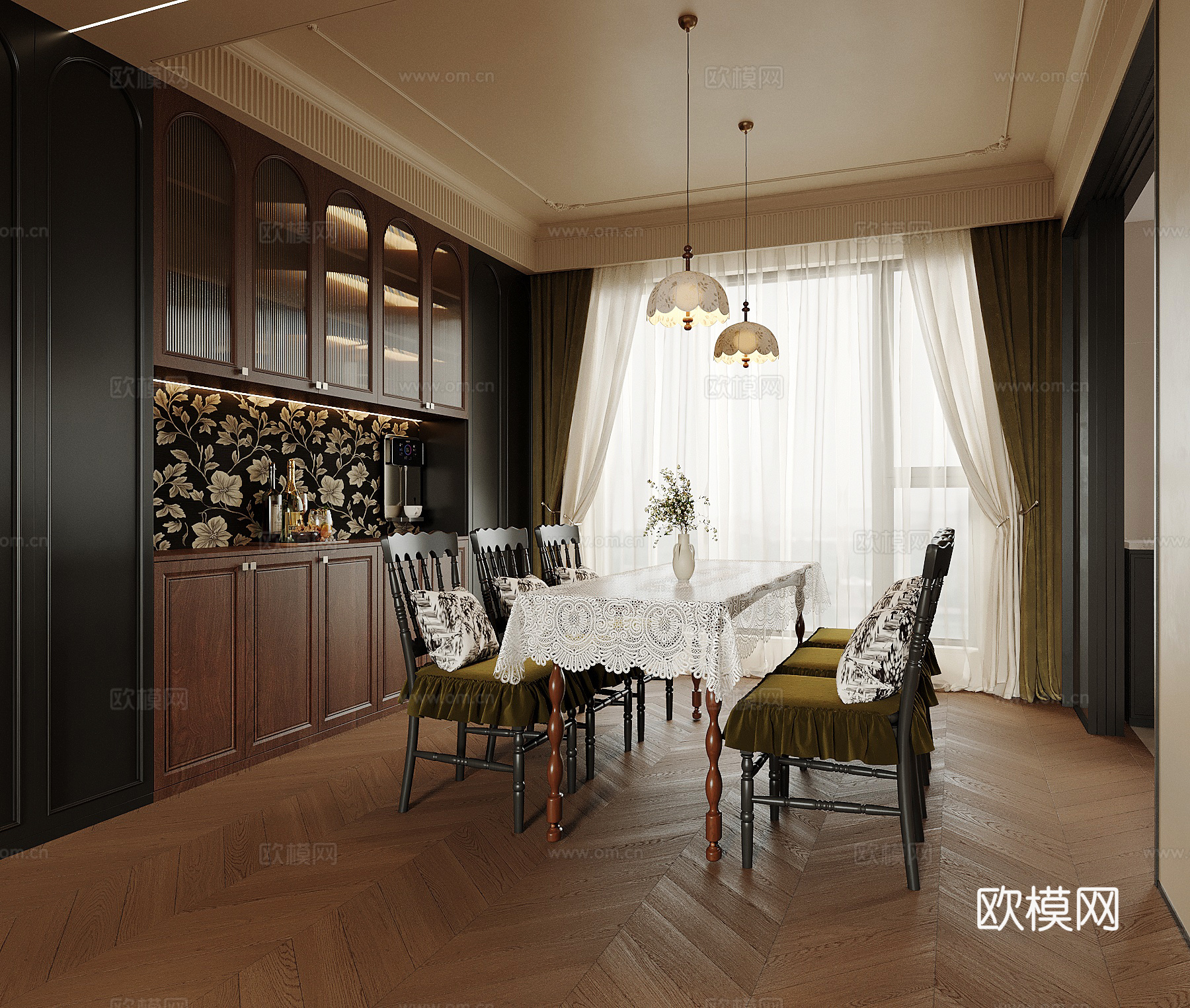 法式餐厅 餐桌椅 酒柜3d模型下载