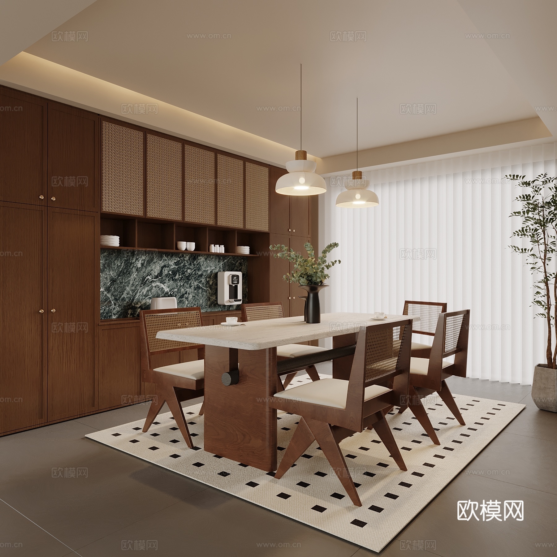 中古风餐厅 餐桌椅 酒柜su模型