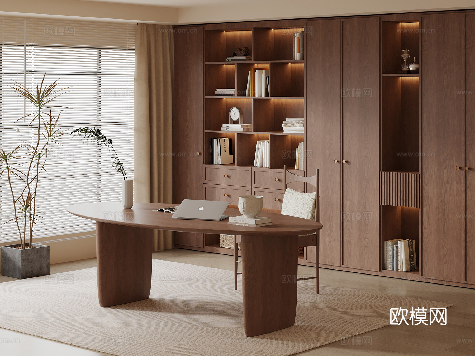 中古风书房 书柜 书桌椅su模型
