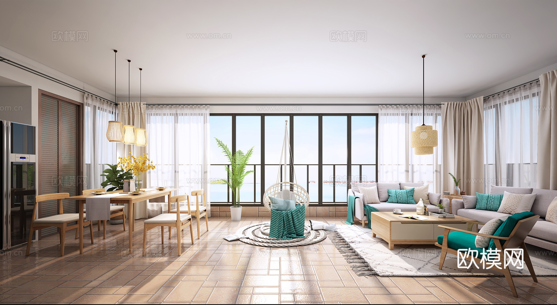 北欧原木风客餐厅3d模型下载