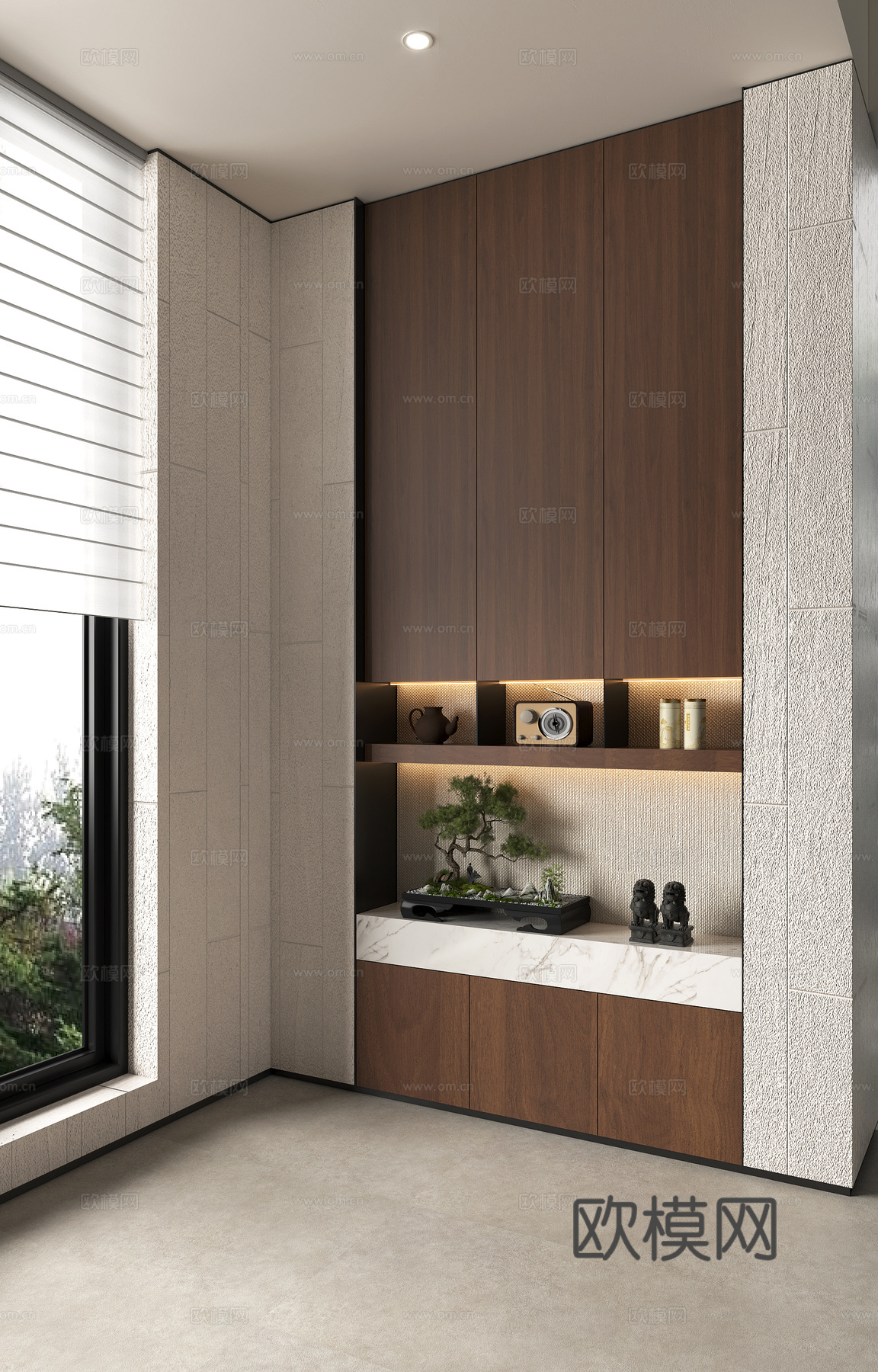 现代中古茶叶柜 禅意茶水展示柜 茶叶柜背景墙 新中式木纹木皮3d模型下载（渲染图1）