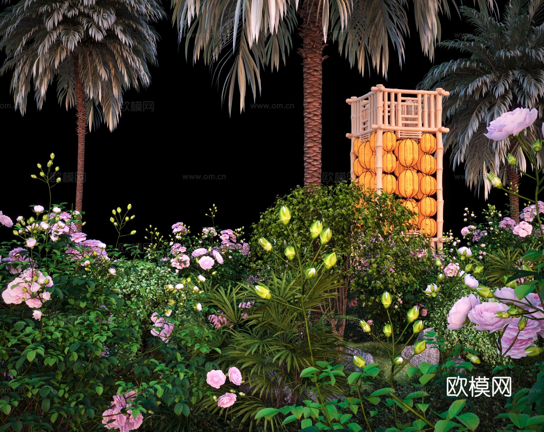 公园景观 花 棕榈树 灯笼 灌木3d模型下载