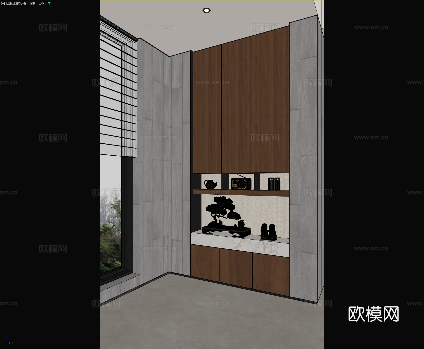 现代中古茶叶柜 禅意茶水展示柜 茶叶柜背景墙 新中式木纹木皮3d模型下载（渲染图2）