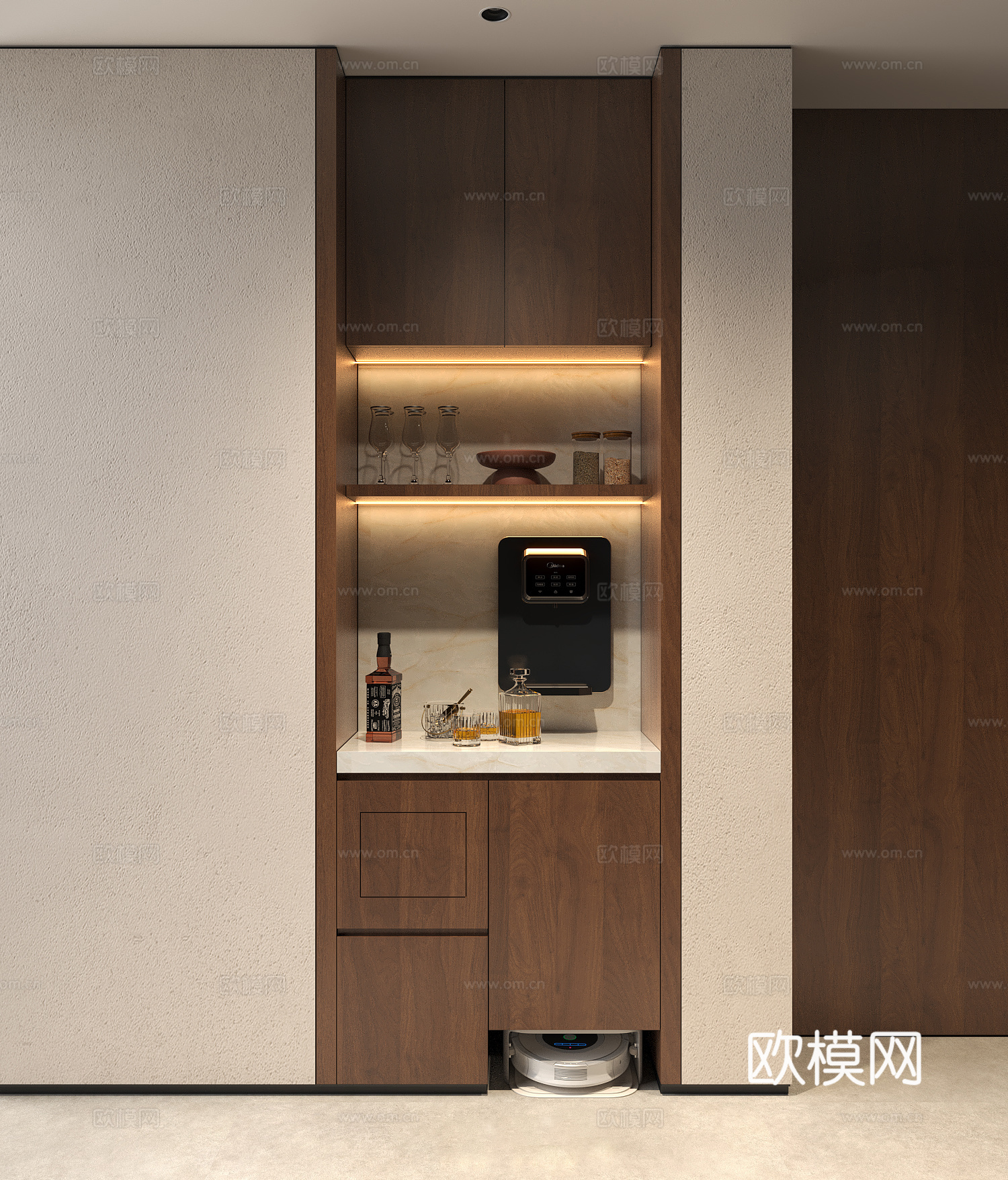 现代中古茶水柜 意式木纹餐边柜 禅意备餐柜酒柜 宋氏酒柜过道su模型